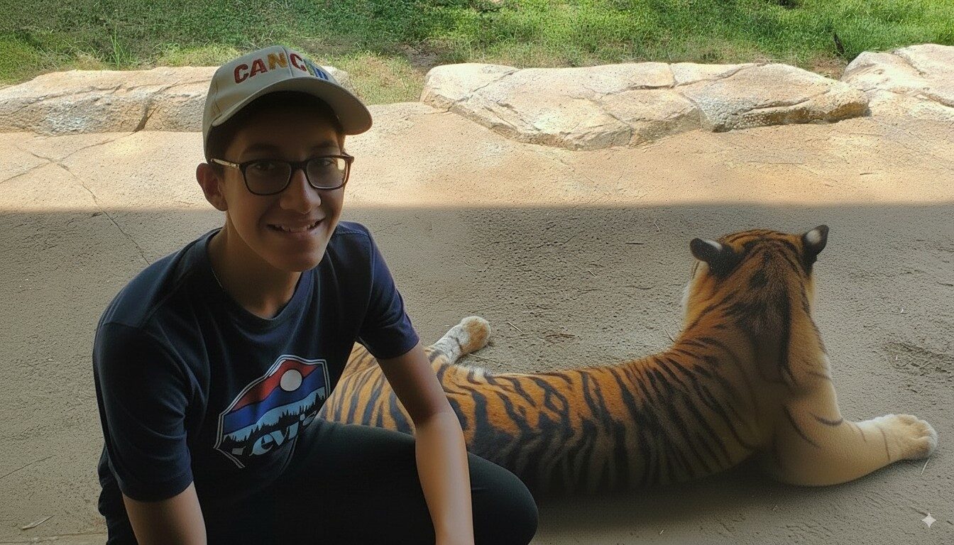 Tiger with boy kneeling beside it