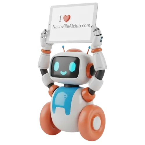 Nashville AI Club robot mascot holding a tablet that reads I love NashvilleAIClub.com