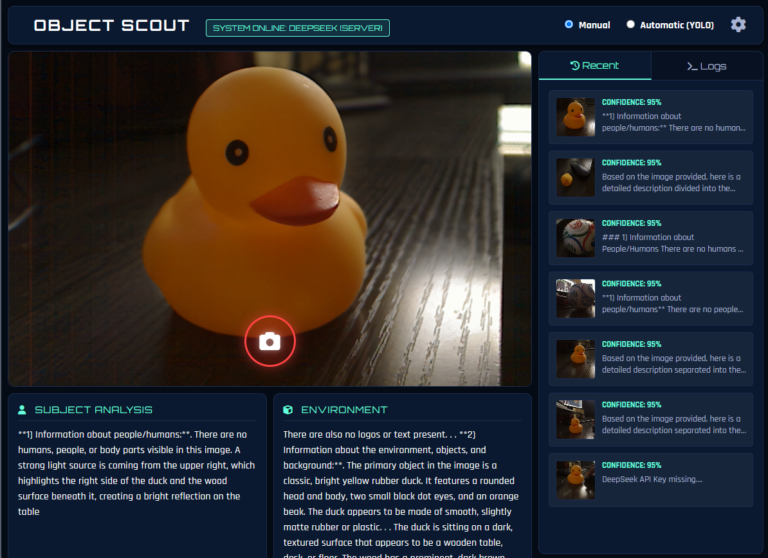 Object Scout app: live camera view of a rubber duck, SUBJECT ANALYSIS and ENVIRONMENT panels, and a Recent list with 95% confidence