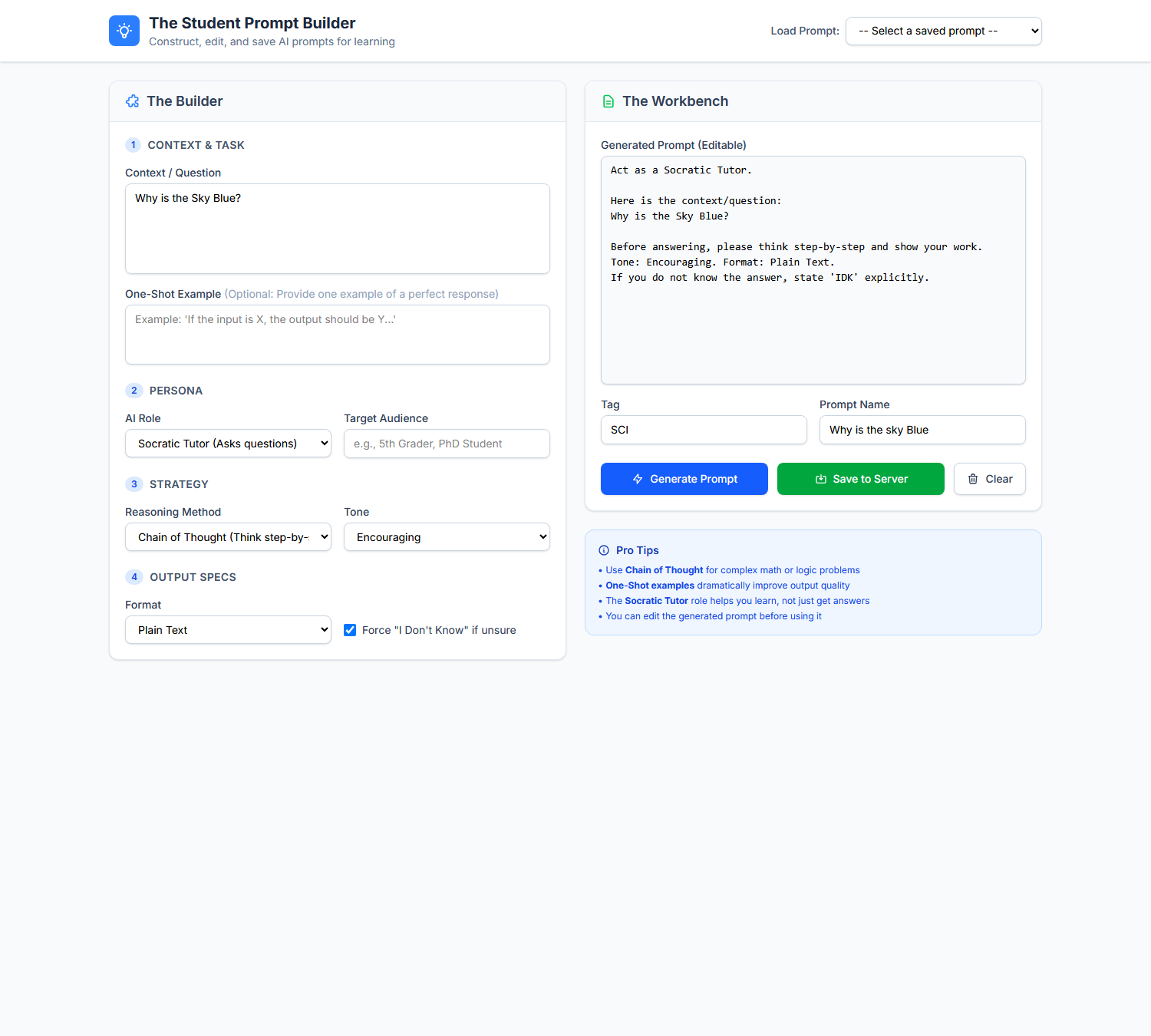 The Student Prompt Builder with a saved example loaded and the generated prompt shown